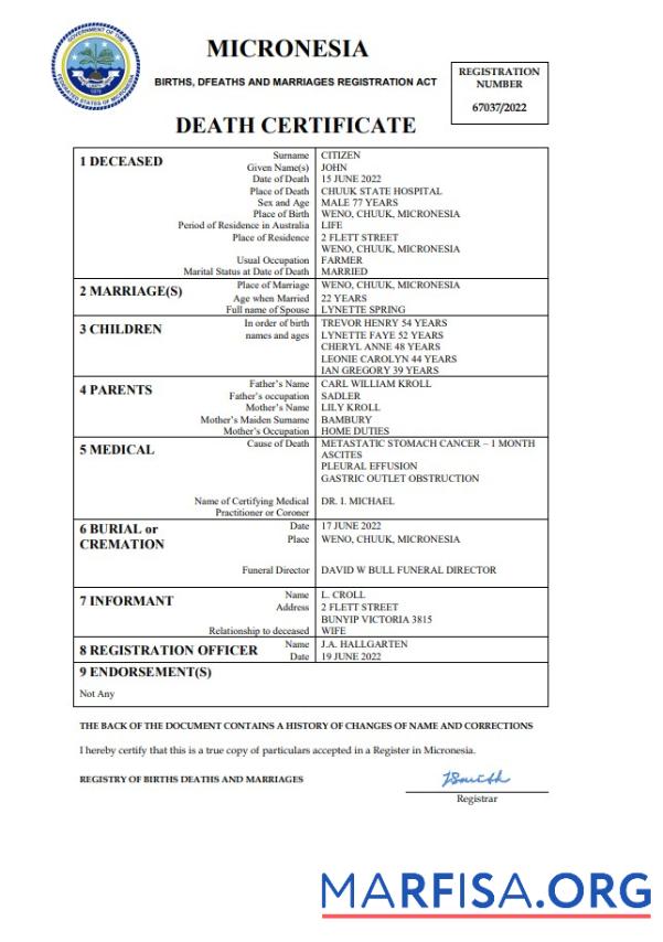 Printable Micronesia vital record death certificate Word and PDF template